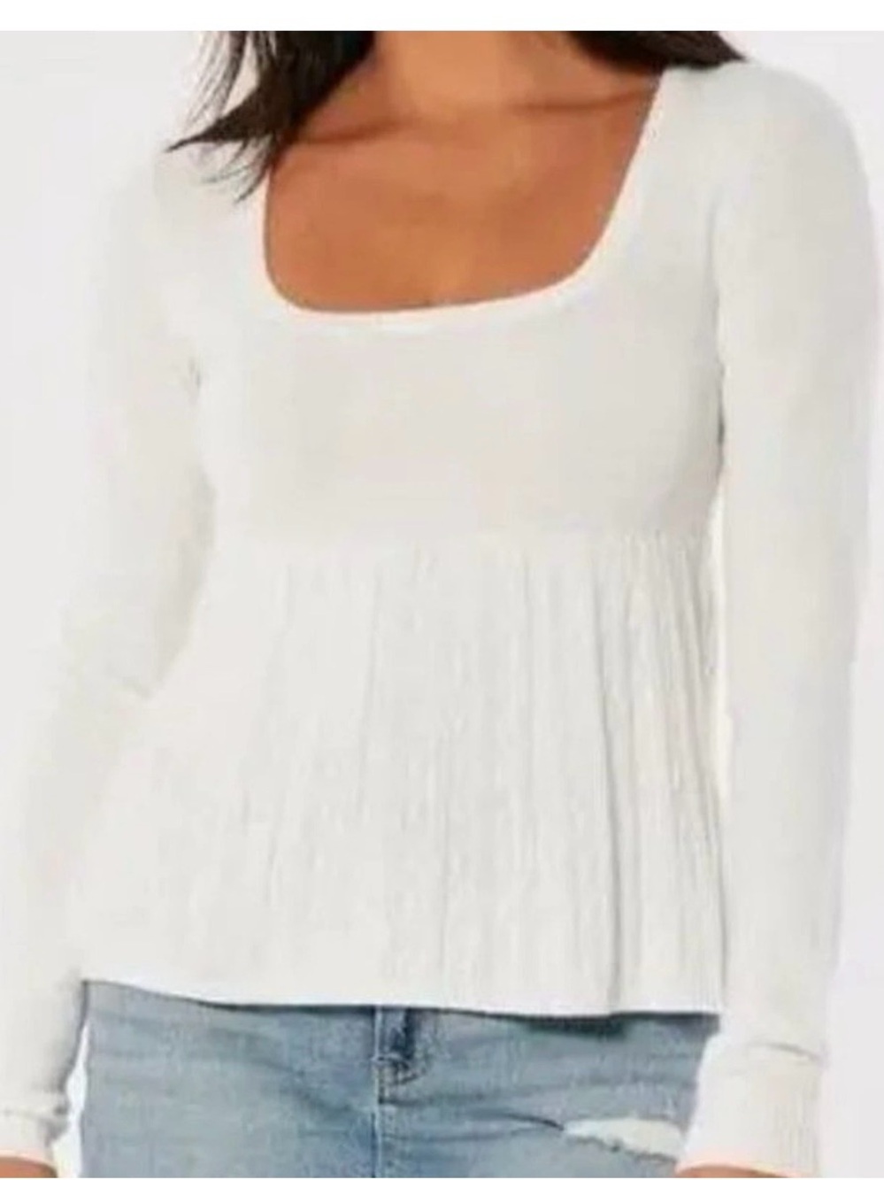 Hollister White Square Neck Long Sleeve Peplum Top